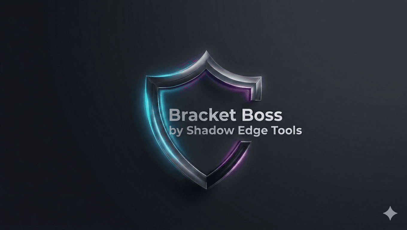Bracket Boss product hero — the Shadow Edge Tools shield with cyan and violet edge glow