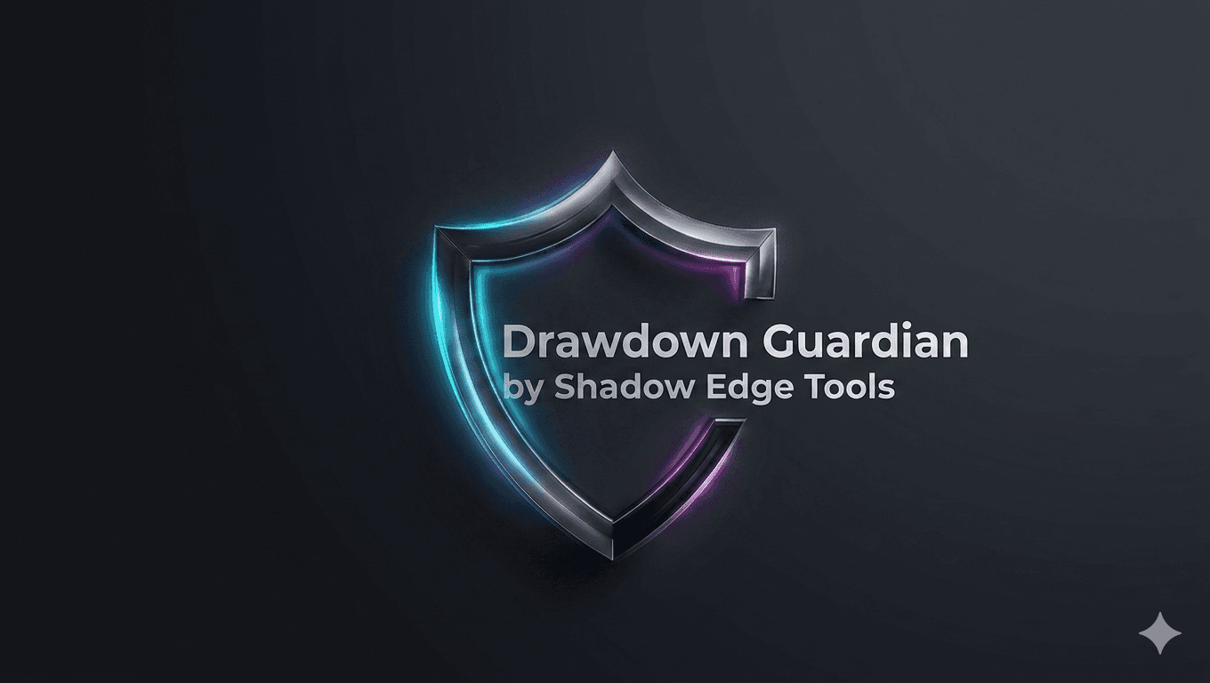 Drawdown Guardian product hero — the Shadow Edge Tools shield with cyan and violet edge glow