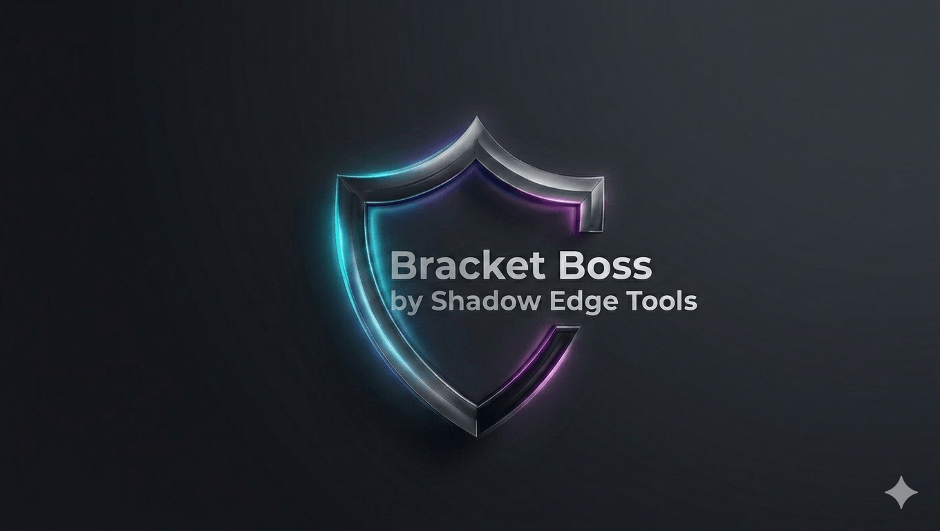 Bracket Boss product hero — the Shadow Edge Tools shield with cyan and violet edge glow