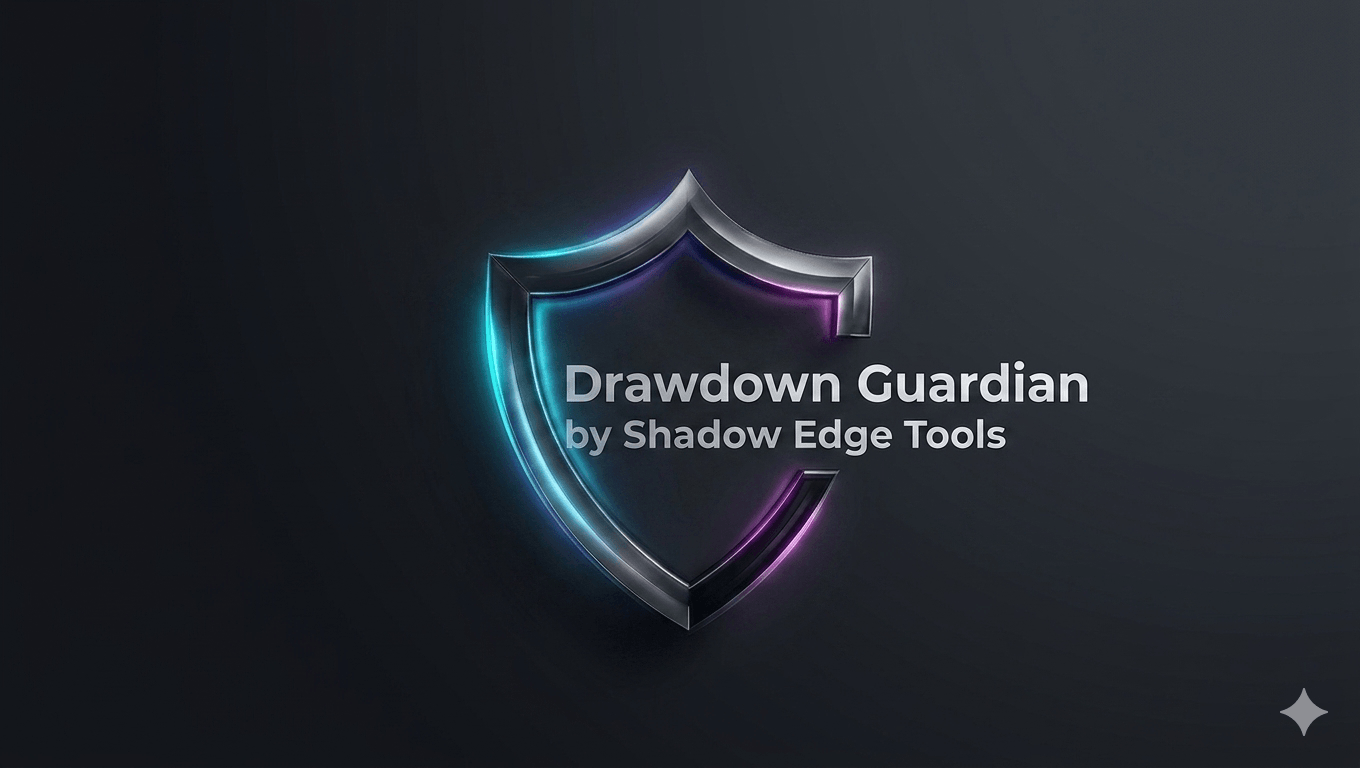 Drawdown Guardian product hero — the Shadow Edge Tools shield with cyan and violet edge glow